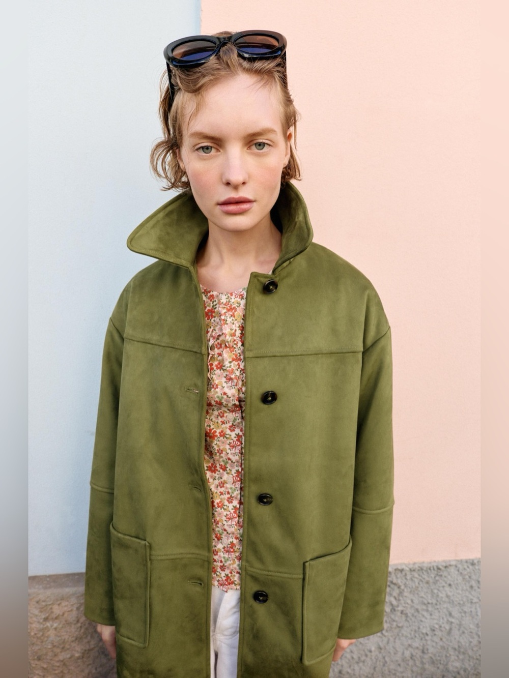 Olive Green Women's faux suede Coat - Classic Button Jacket